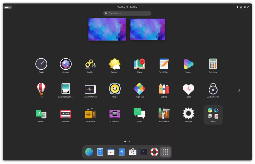 Screenshot of GNOME 45 activities view